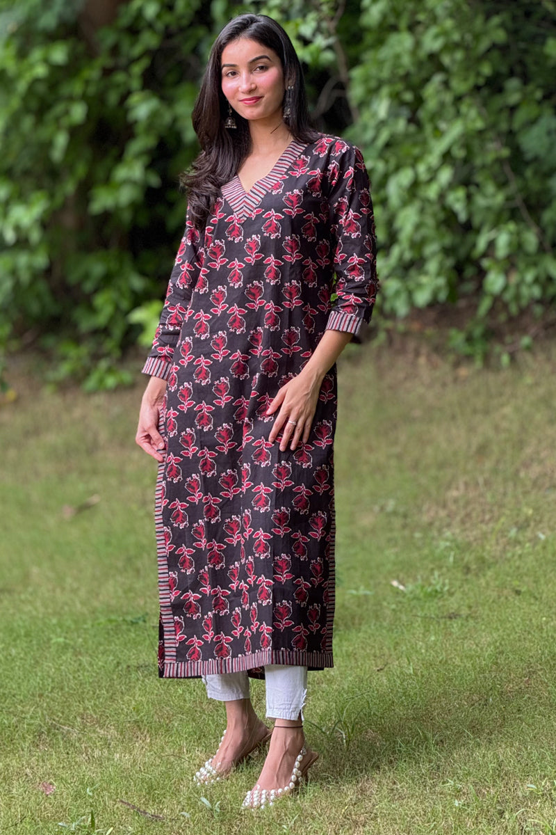 Midnight Bloom Printed Cotton long Kurti