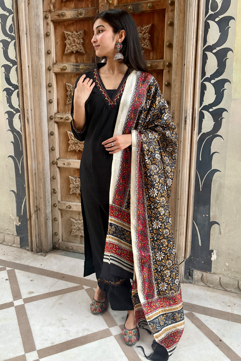 Noir Elegance Cotton suit set with Festive printed dupatta
