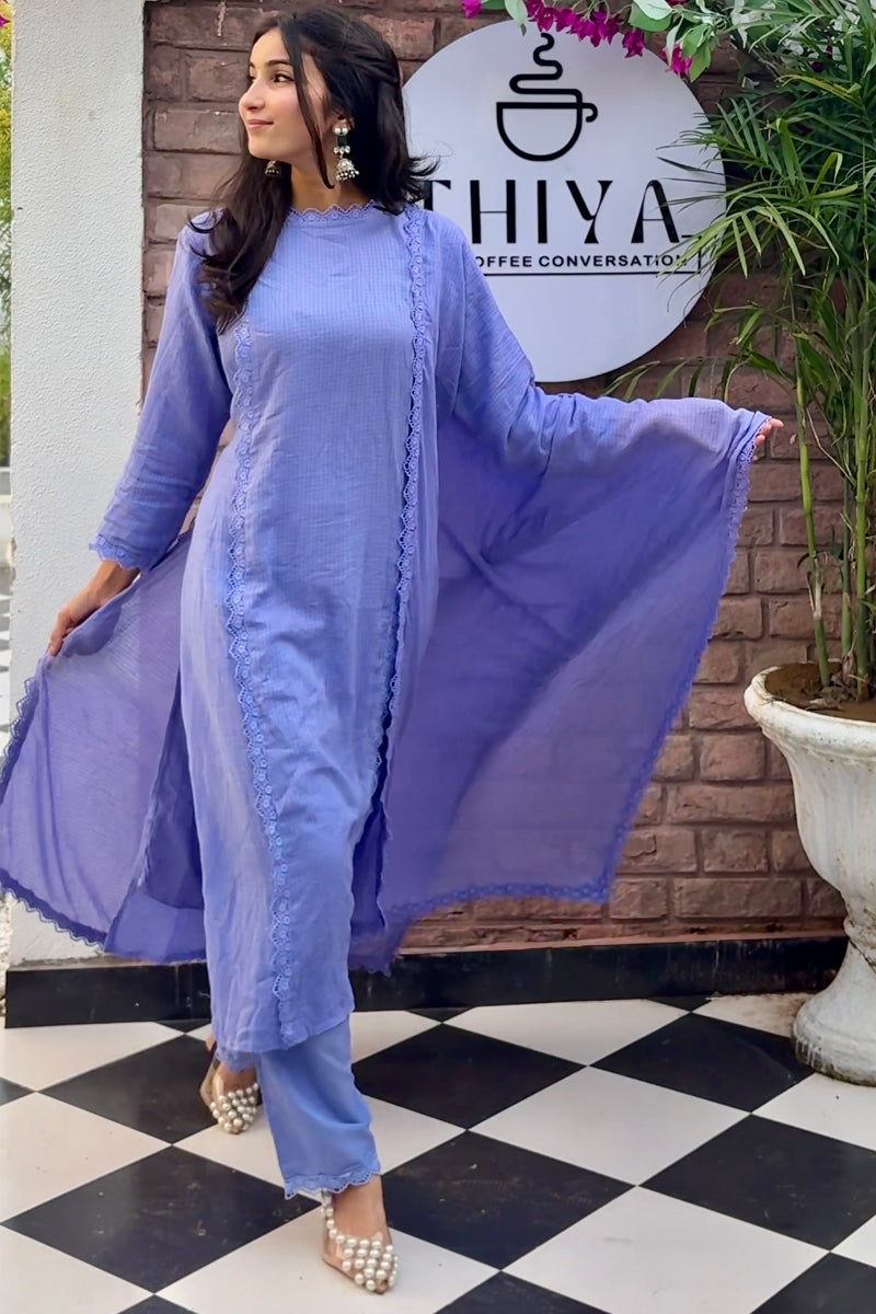 Lavender Kota doria grace design cotton kurta with trouser & dupatta with lace detailing