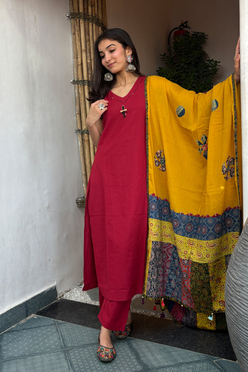 Red Ruby radiance kurta with trouser & mustard applique dupatta