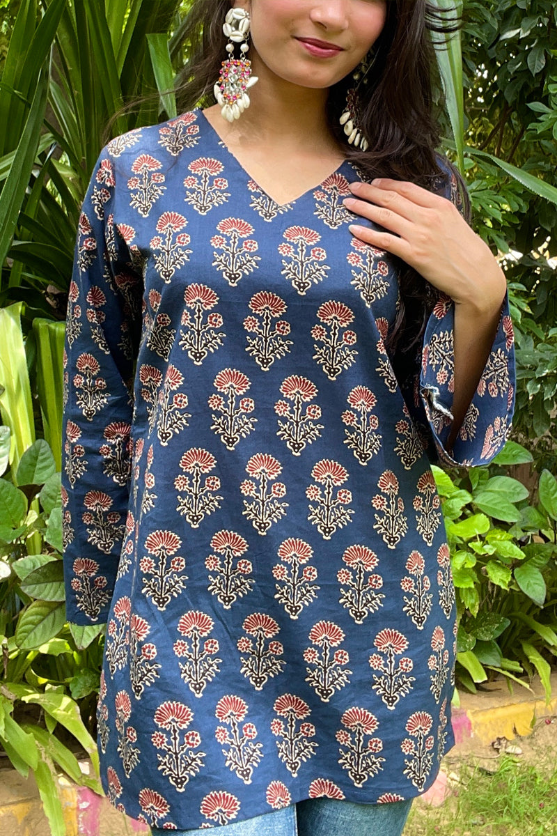 Indigo Blossom Handblock Printed cotton short Kurti