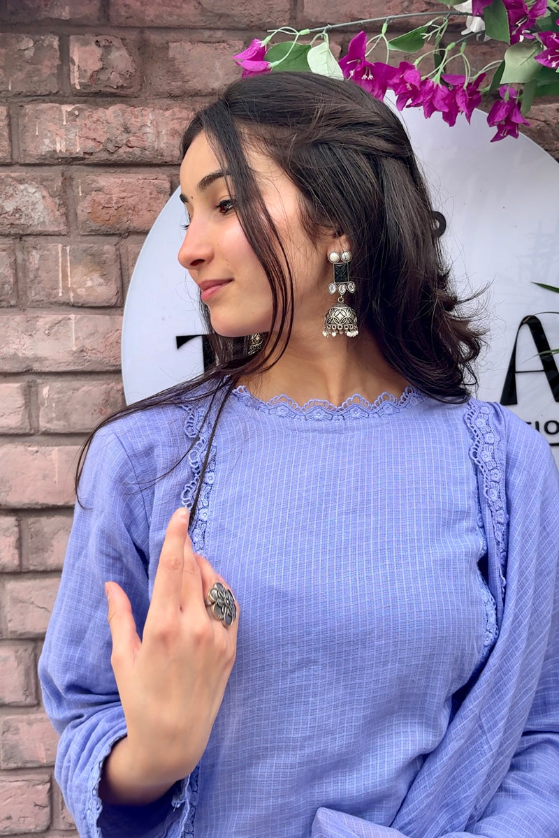 Lavender Kota doria grace design cotton kurta with trouser & dupatta with lace detailing