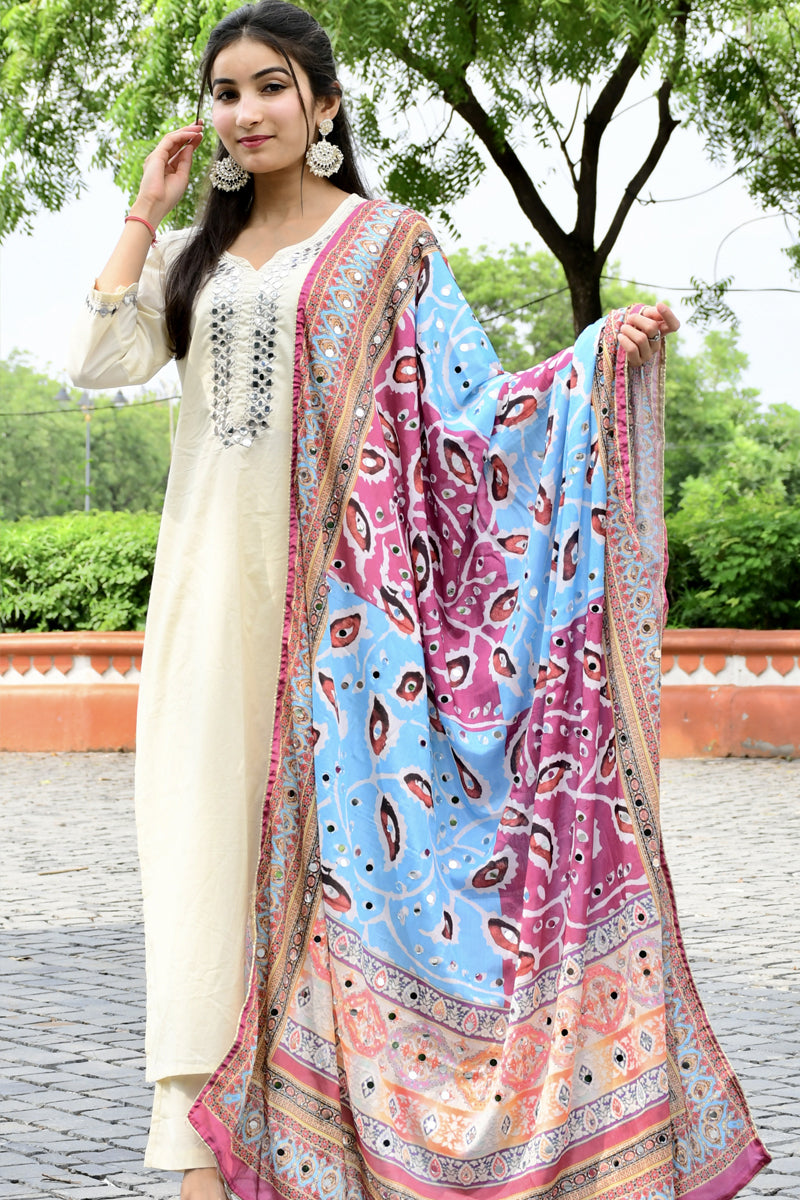 Ivory Mirror Work Suit Set with Multicolor Dupatta