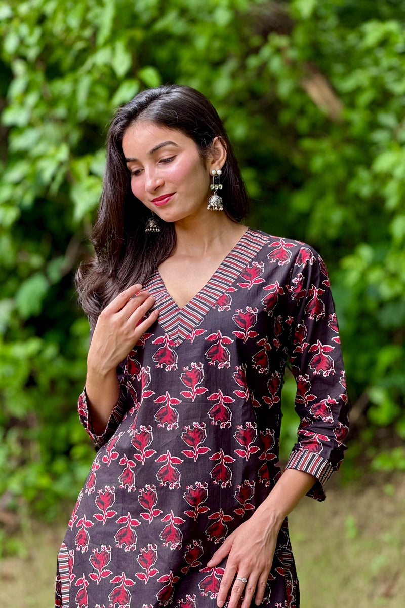 Midnight Bloom Printed Cotton long Kurti