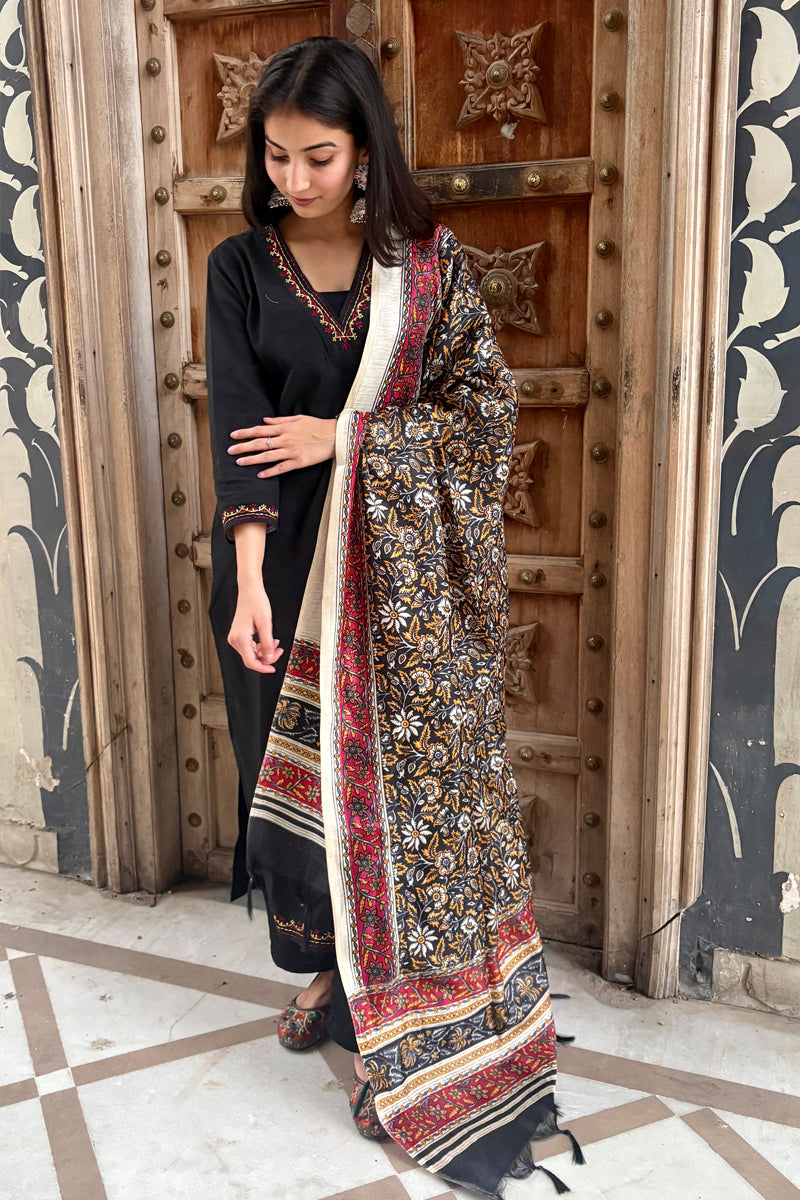 Noir Elegance Cotton suit set with Festive printed dupatta