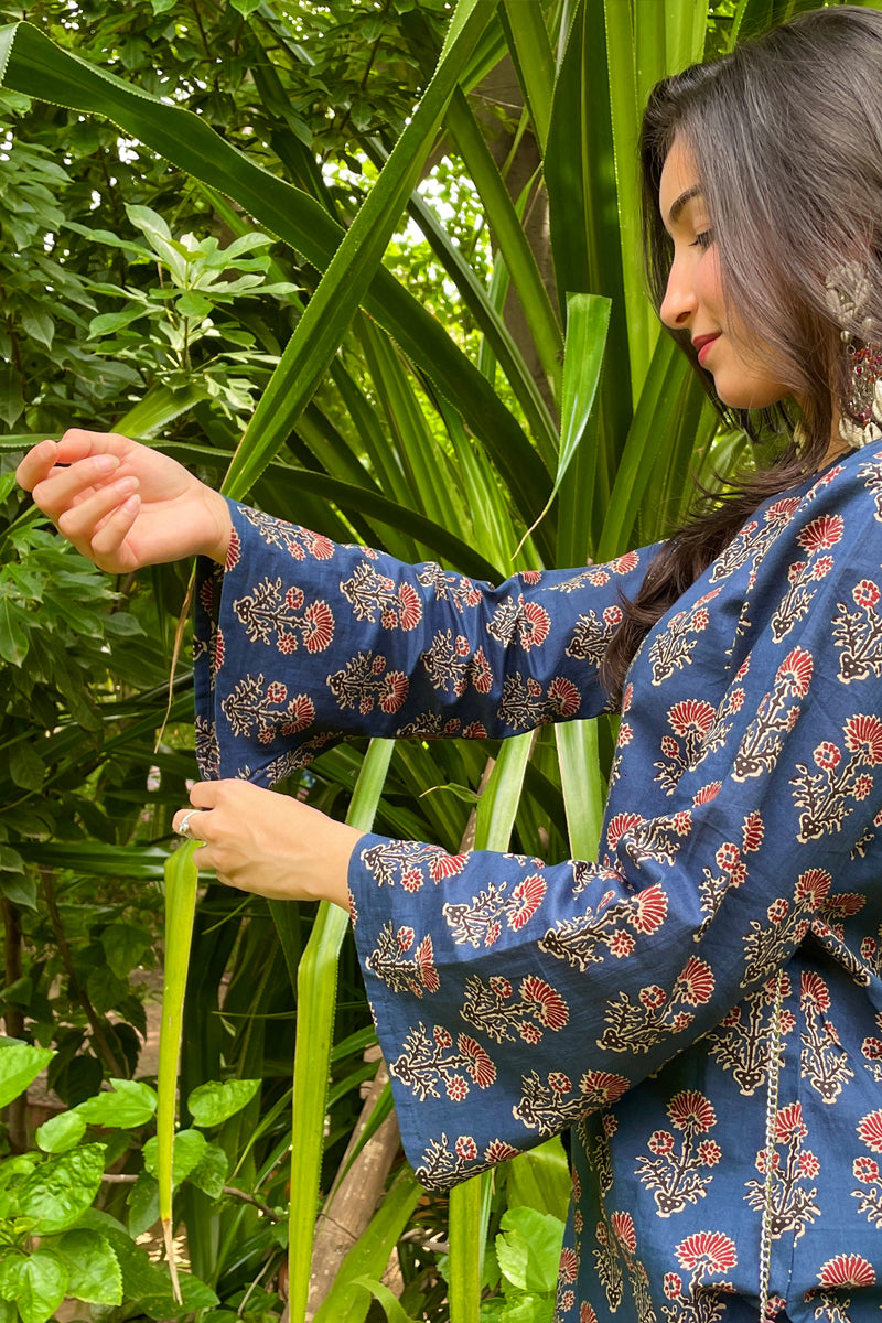 Indigo Blossom Handblock Printed cotton short Kurti