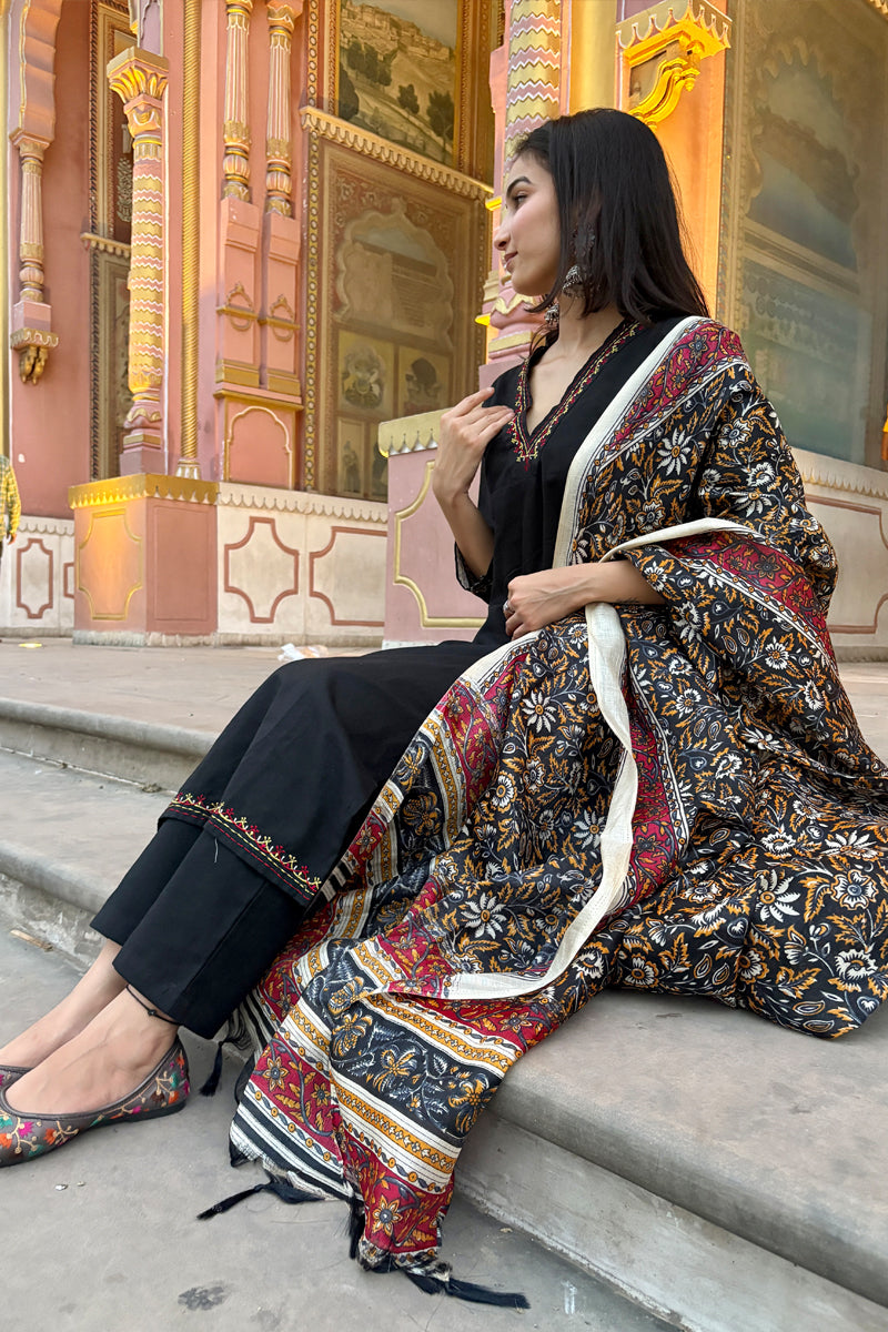 Noir Elegance Cotton suit set with Festive printed dupatta