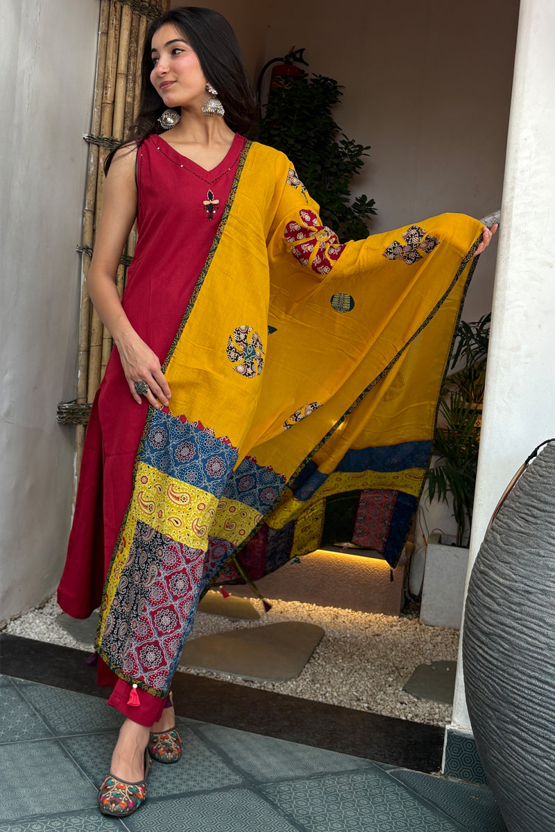 Red Ruby radiance kurta with trouser & mustard applique dupatta