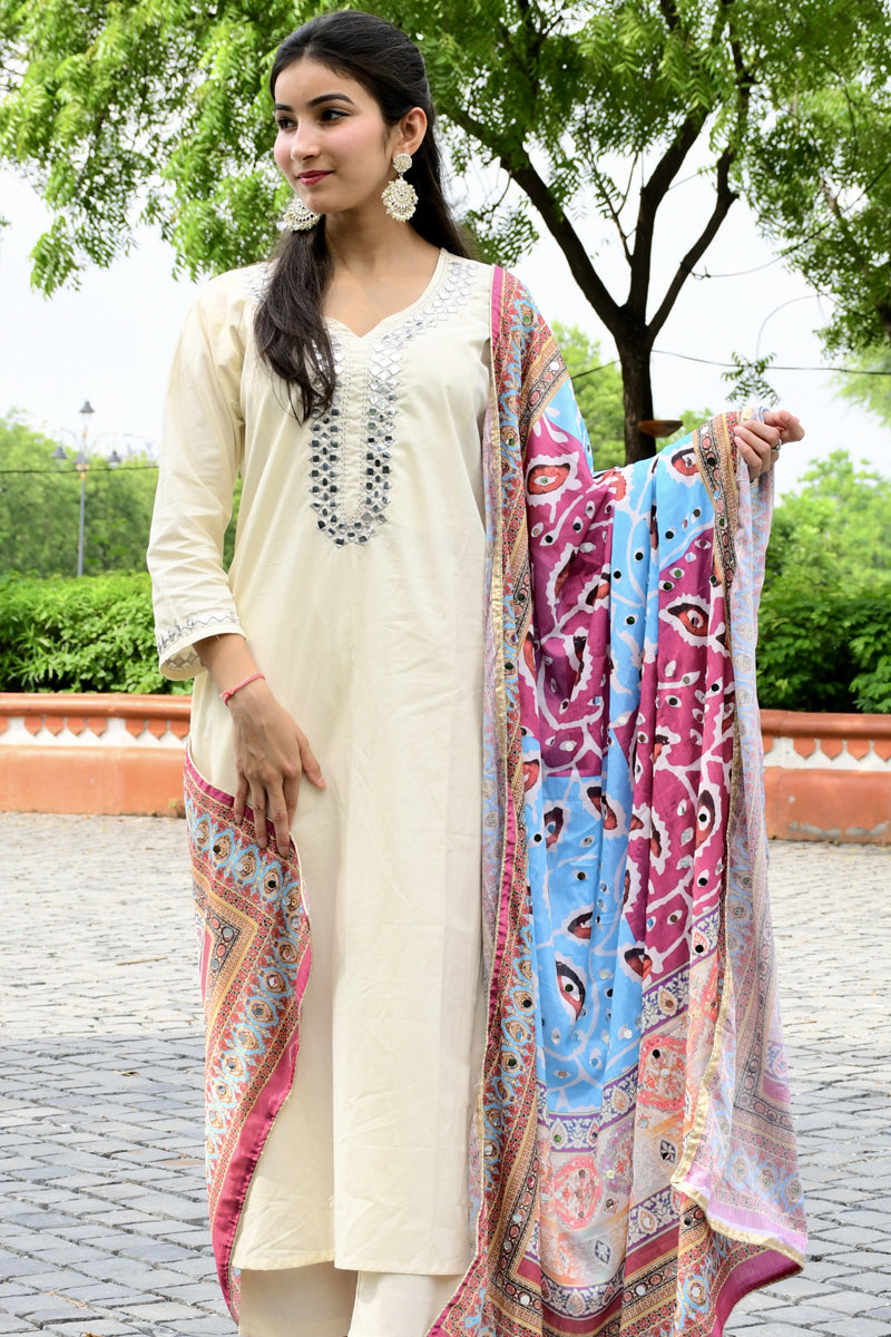 Ivory Mirror Work Suit Set with Multicolor Dupatta