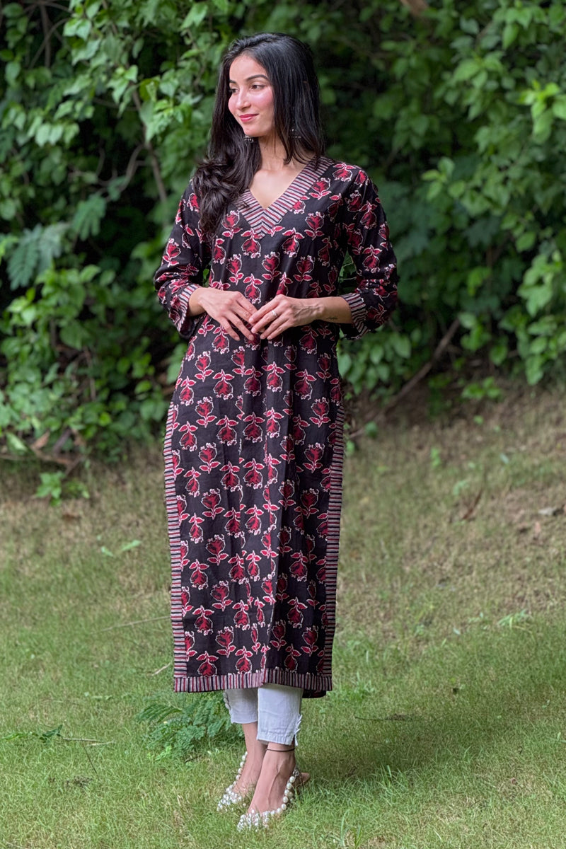 Midnight Bloom Printed Cotton long Kurti