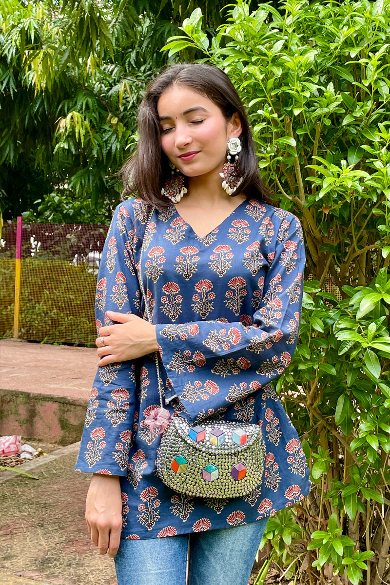 Indigo Blossom Handblock Printed cotton short Kurti