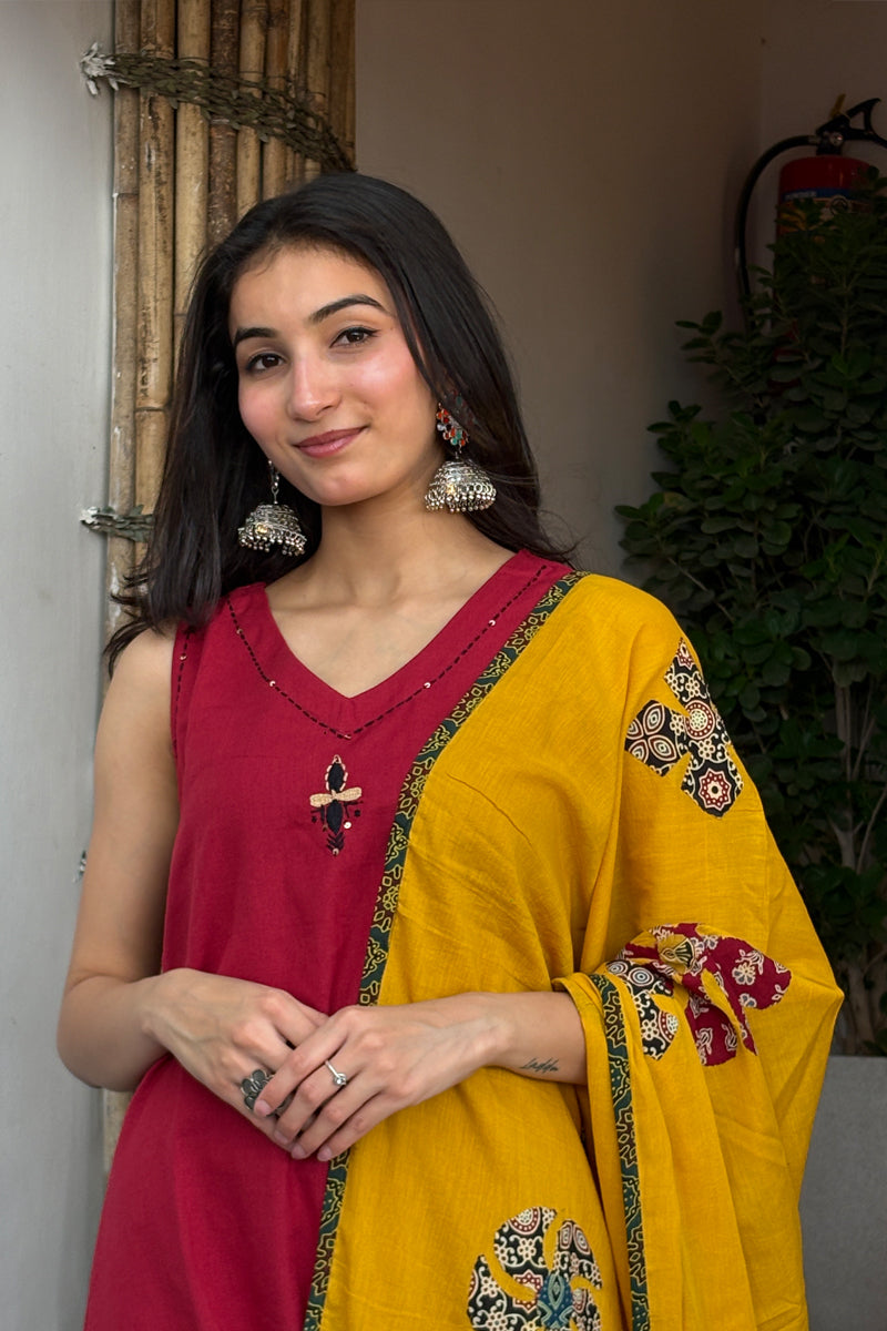 Red Ruby radiance kurta with trouser & mustard applique dupatta