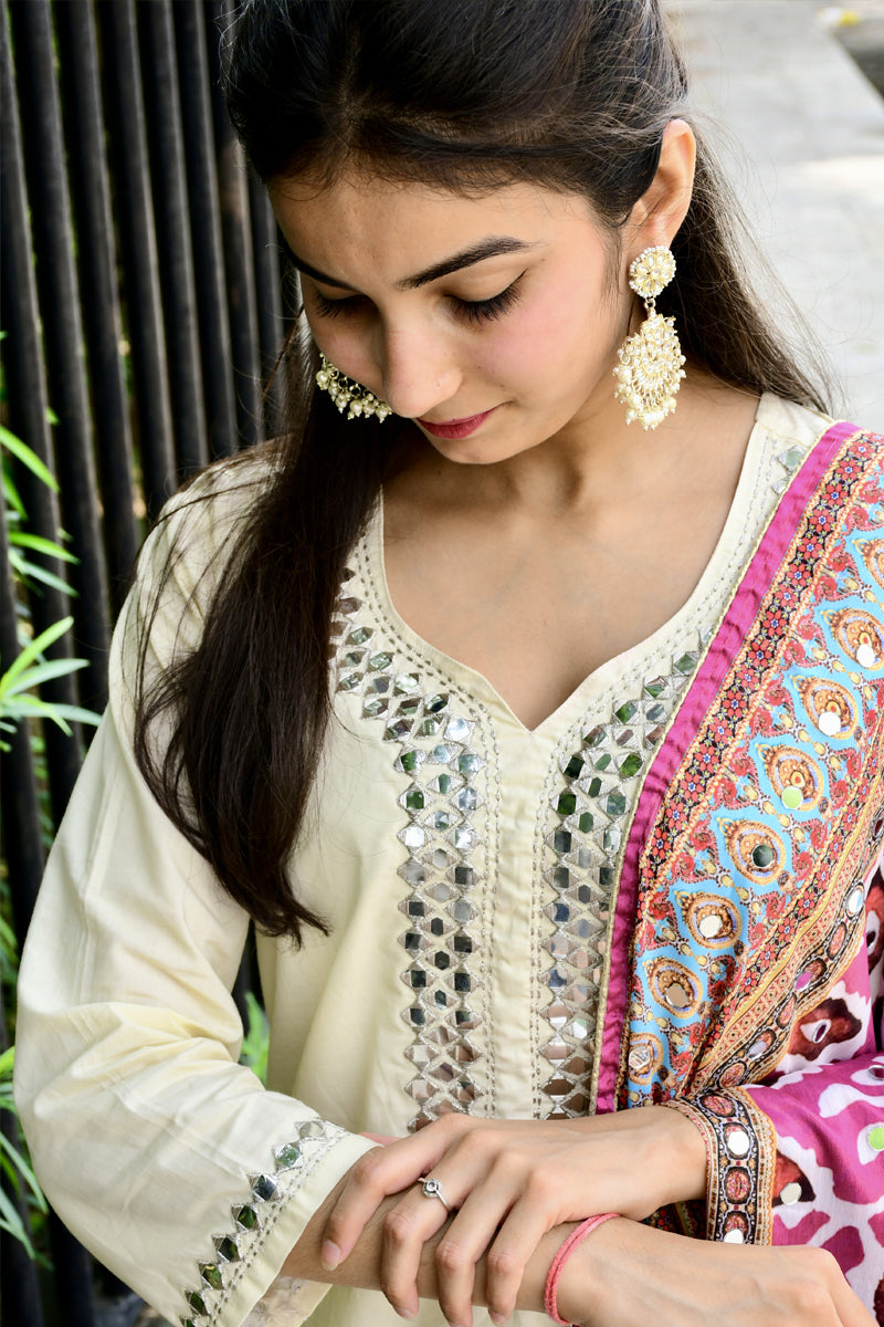 Ivory Mirror Work Suit Set with Multicolor Dupatta
