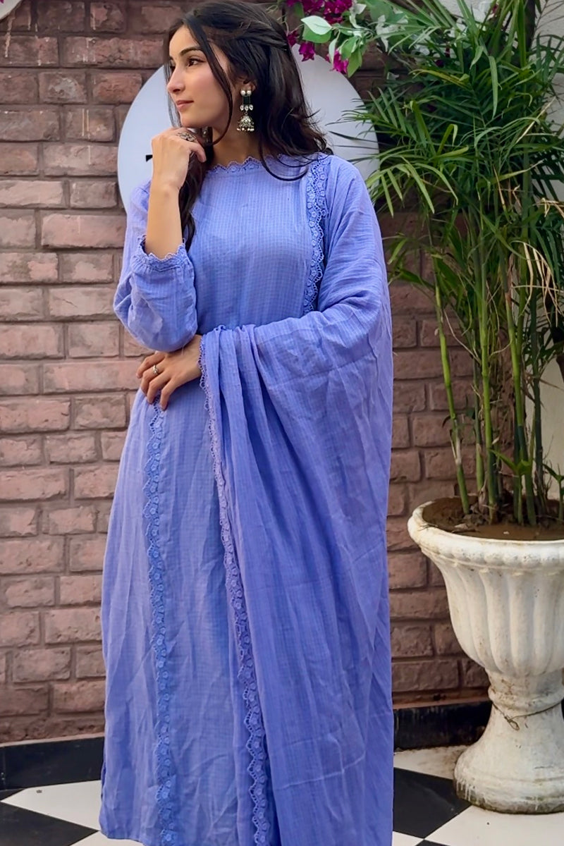Lavender Kota doria grace design cotton kurta with trouser & dupatta with lace detailing