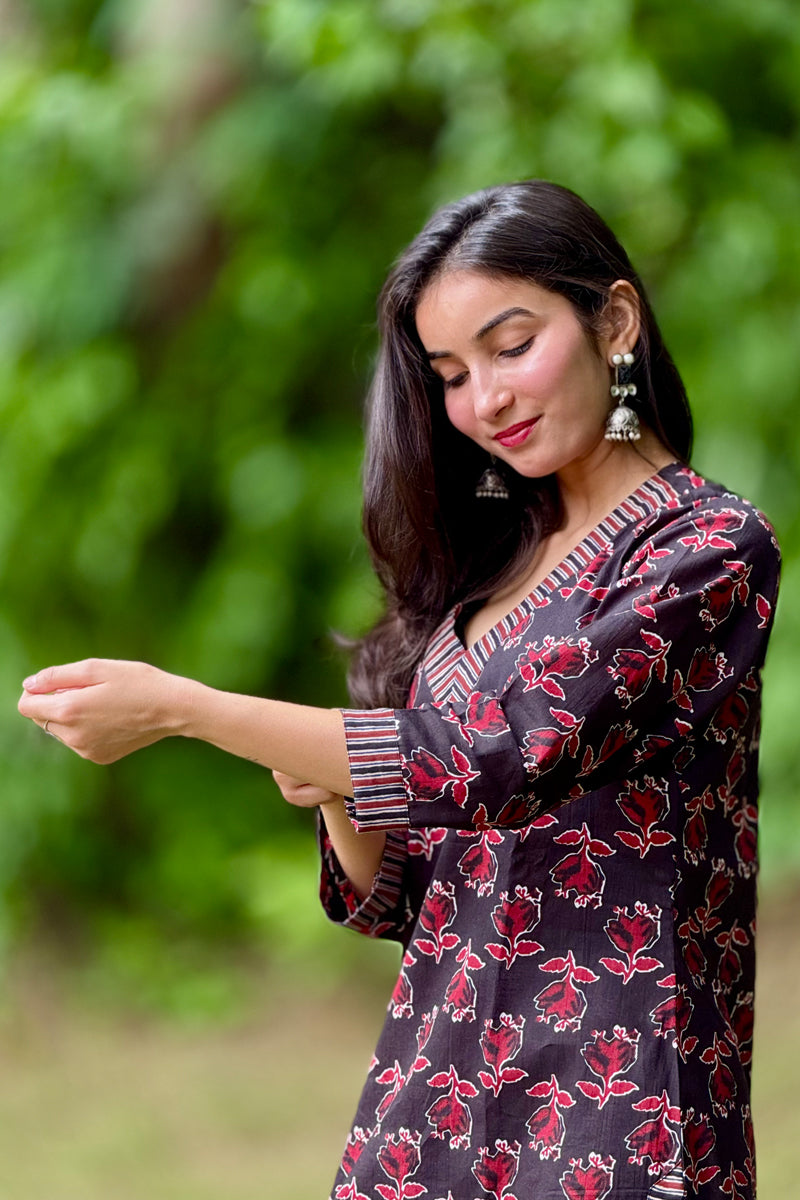 Midnight Bloom Printed Cotton long Kurti