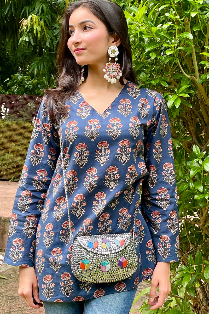 Indigo Blossom Handblock Printed cotton short Kurti