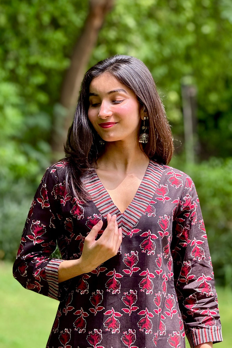 Midnight Bloom Printed Cotton long Kurti