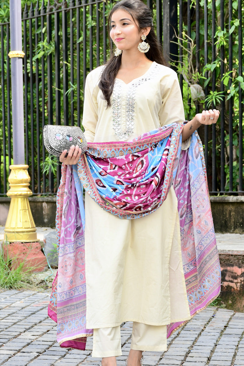 Ivory Mirror Work Suit Set with Multicolor Dupatta