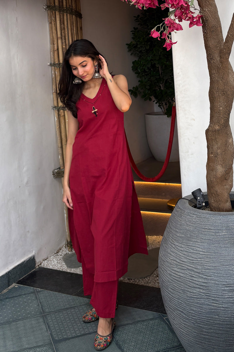 Red Ruby radiance kurta with trouser & mustard applique dupatta