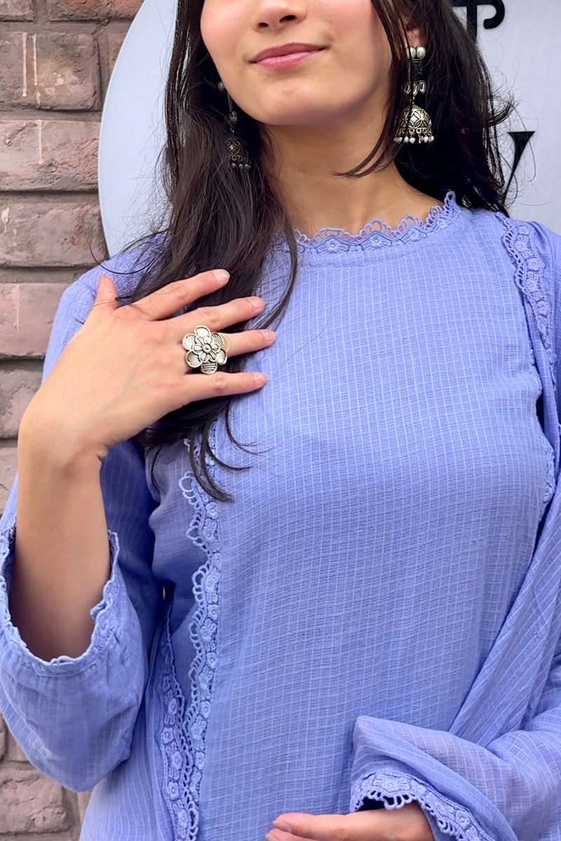 Lavender Kota doria grace design cotton kurta with trouser & dupatta with lace detailing