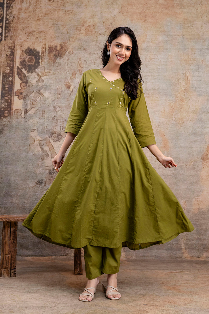Olivia Olive Green Co-Ord Set – Elegant Cotton Kurta & Trouser
