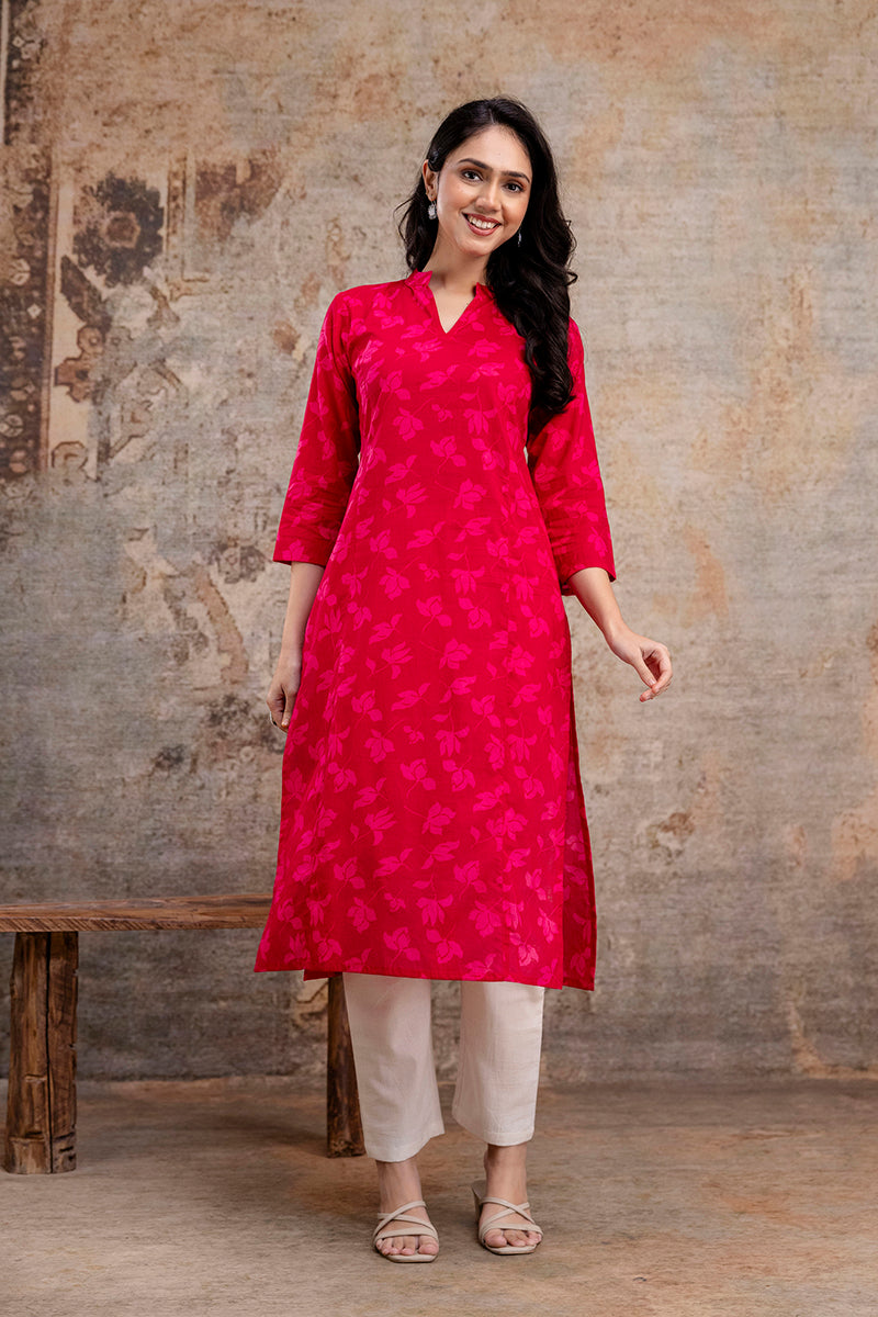 Deep Pink Straight Cotton Kurti – Elegant Everyday Ethnic Wear