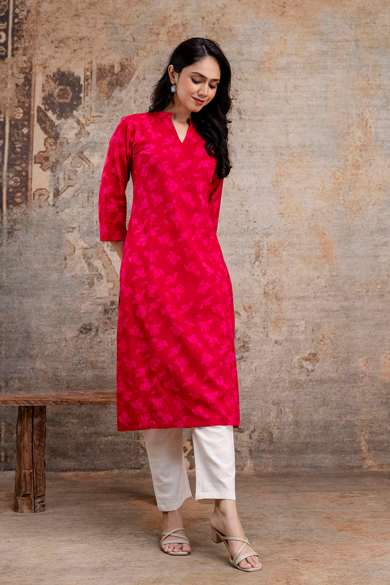 Deep Pink Straight Cotton Kurti – Elegant Everyday Ethnic Wear