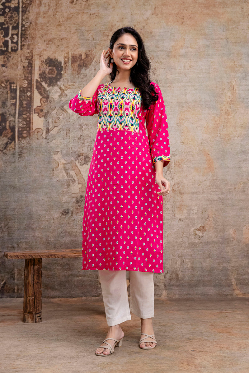 Alya Mustard Cotton Straight Kurti – Floral Block Print Everyday Ethnic Wear