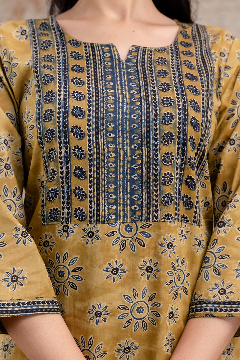 Anvi Mustard Yellow Straight Cotton Kurti – Floral Block Print Ethnic Wear