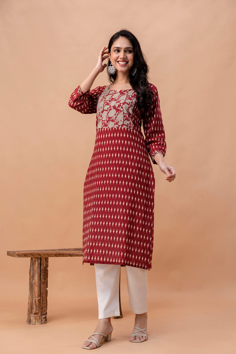 Myra Deep Maroon Straight Kurti – Ikat-Inspired Everyday Ethnic Wear
