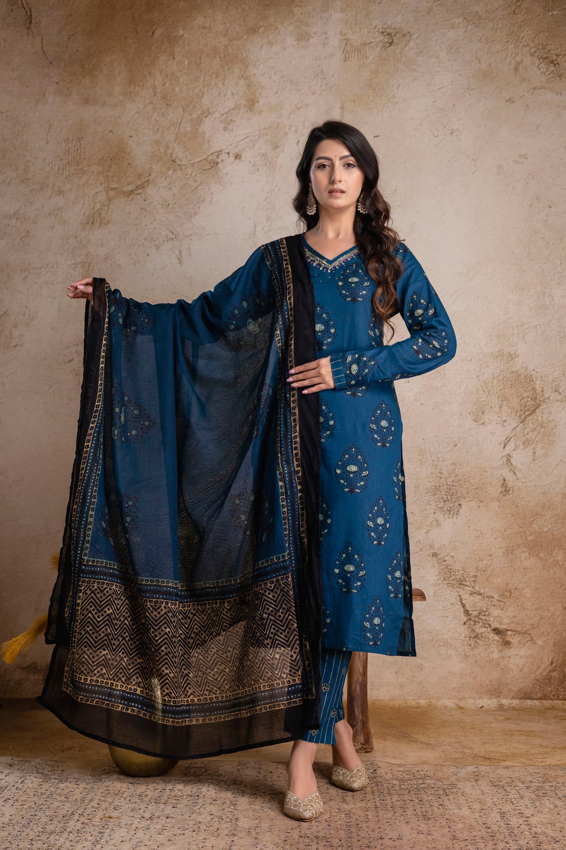 “Noor-E-Neel” Teal Blue Printed Suit Set with Dupatta