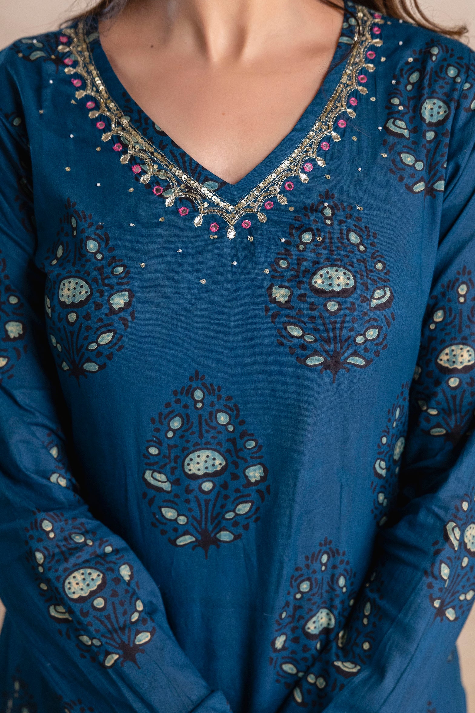 “Noor-E-Neel” Teal Blue Printed Suit Set with Dupatta
