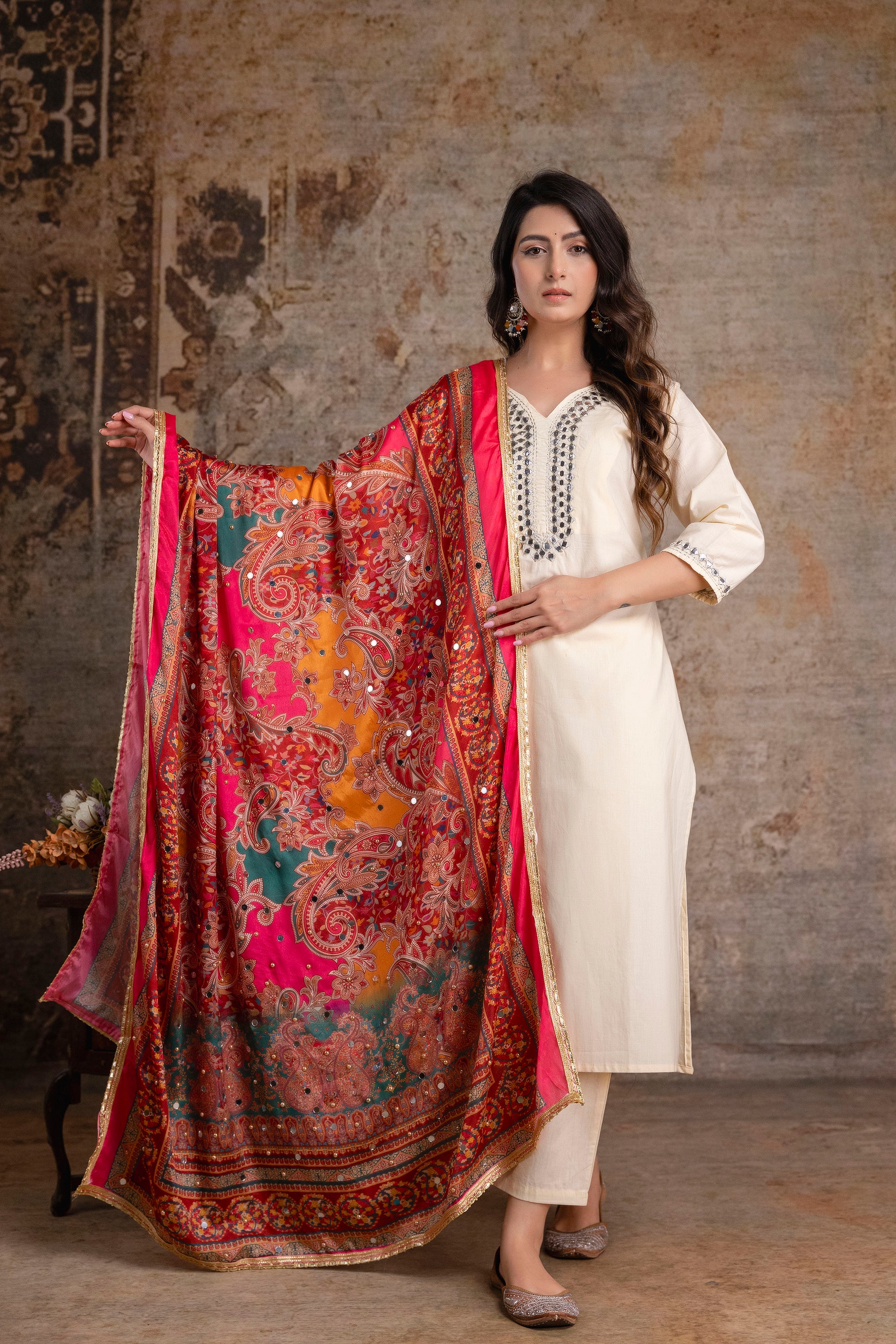 Royal Ivory Kurta Set with Ornate MulticolorDupatta