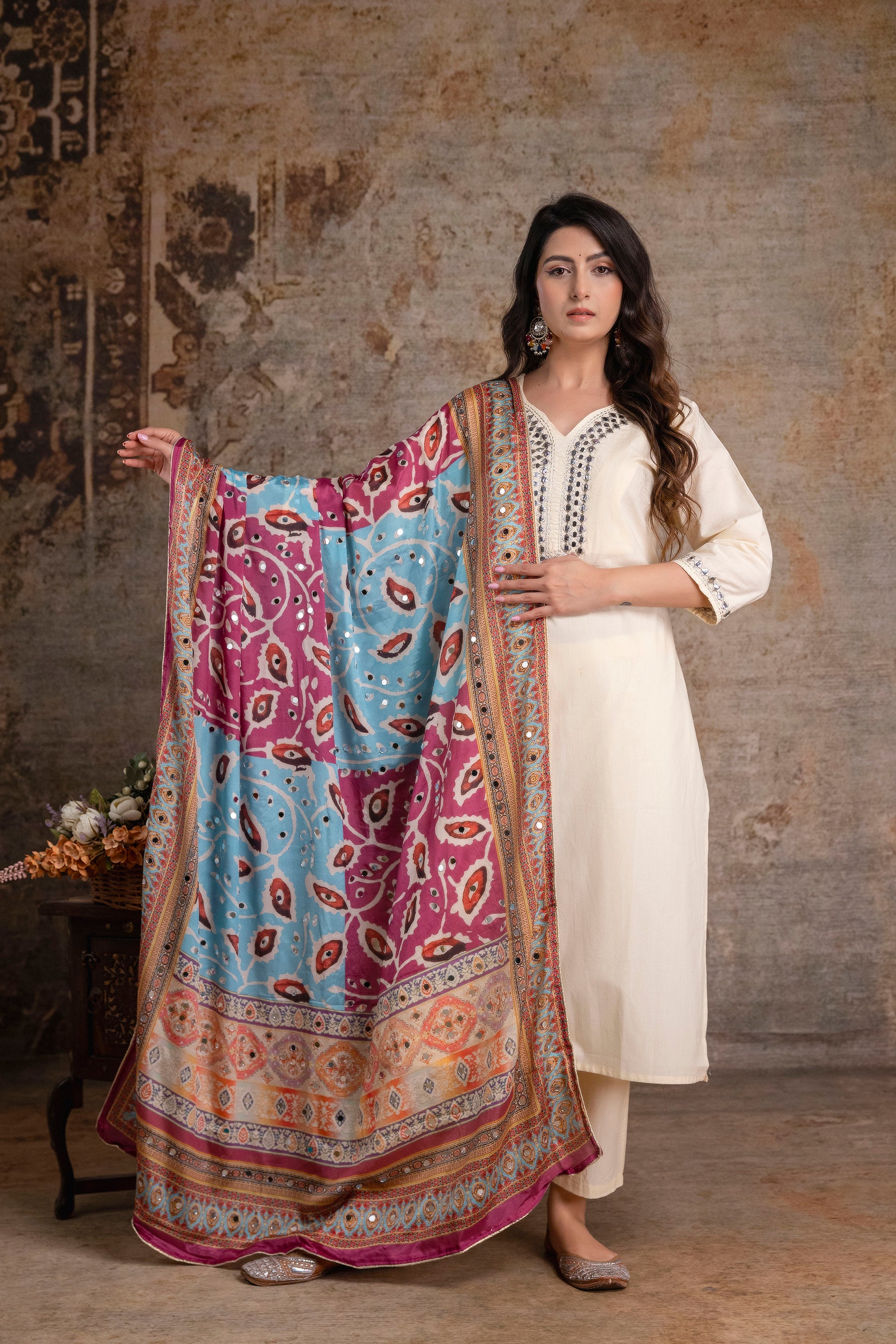 Radiant Cream Mirror Work Suit with Bandhani Silk Dupatta