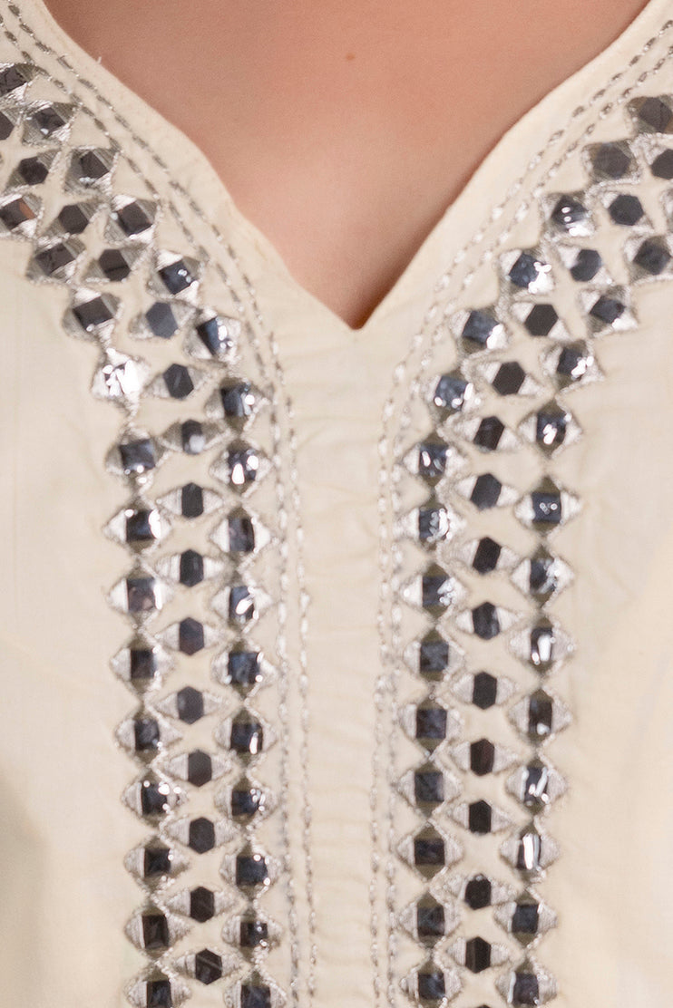 Radiant Cream Mirror Work Suit with Bandhani Silk Dupatta