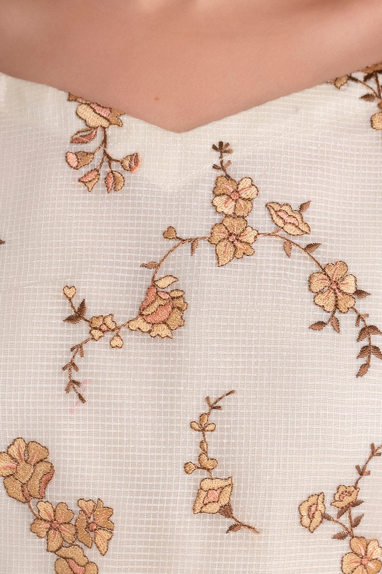 Cream Thread Work Suit Set with Dual-Tone Dupatta